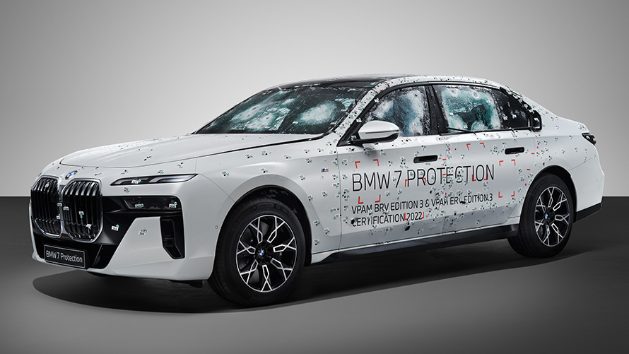 BMW 7 Series G73 Protection 1/3 side view ballistics testing BMW 7 Series G73 Protection 1/3 side view ballistics testing
